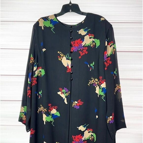 Evan Picone Vintage Silk Layered Black Shift Dress Midi, Sheer Sleeves size 20W - Picture 2 of 15